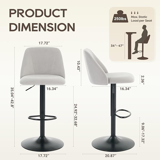 COLAMY Bar Stools Set of 2, Modern Swivel Bar Chairs, Adjustable Upholstered Barstools Counter Height with Full Backrest for Bar, Dining Room, Kitchen Island, Grey