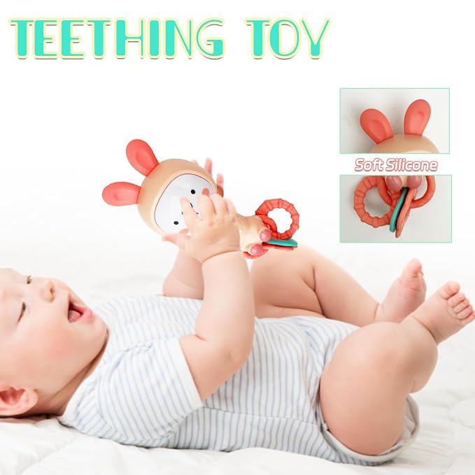Soft Pink Bunny Baby Musical Rattle Toy - Light-Up Teether & Sensory Chew, BPA-Free Soft Rubber, Baby Shower & 1st Birthday Gift for 6-18 Months 1+ Year Old