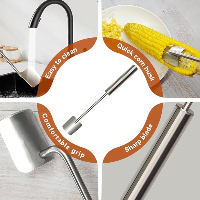 2025 New Long Handle Stainless Steel Corn Stripping Tool, Easy Clean Corn Cob Peeler Corn Peeler Tool, Corn Peeler Stainless Steel Splitter Tool Suitable for Home Kitchen (A-2Pcs)