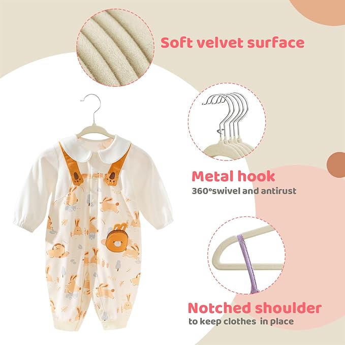 ManGotree 11" Baby Velvet Hangers, Non-Slip Infant Coat Hangers, Ultra-Thin Toddler Felt Hanger with 360° Swivel Hook, Space Saving Children's Hanger for Kids Clothes, 48 Pack (Beige)