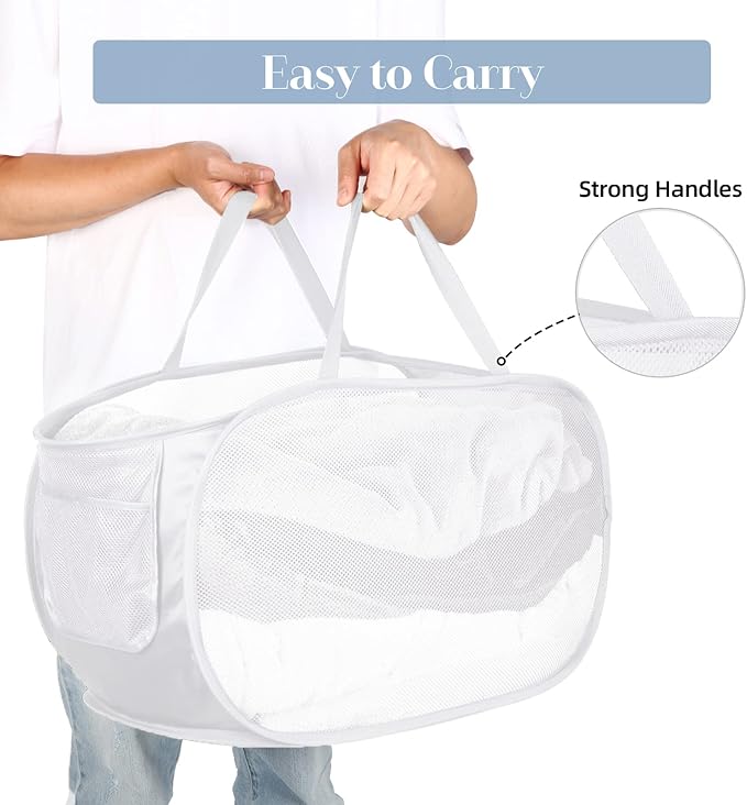 Strong Mesh Pop Up Laundry Basket, Collapsible Laundry Hamper with Side Pocket, Foldable Clothes Pop Up Hamper with Durable Reinforced Handles for Laundry, Bathroom, Kids Room, Dorm or Travel White