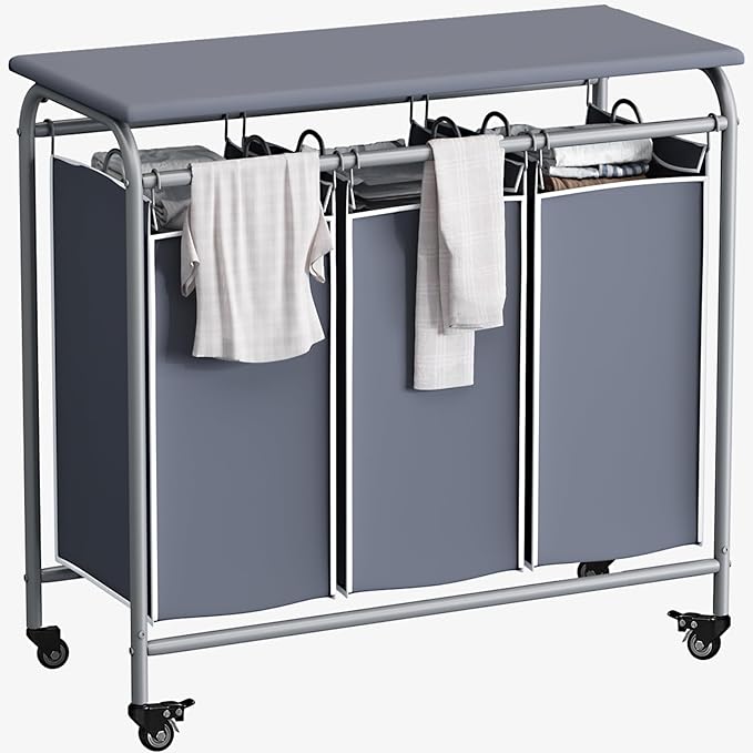 LINZINAR 3 Bag Laundry Basket Sorter Heavy Duty Rolling Lockable Wheels Laundry Hamper Cart with Ironing Board and Removable Bags, Grey