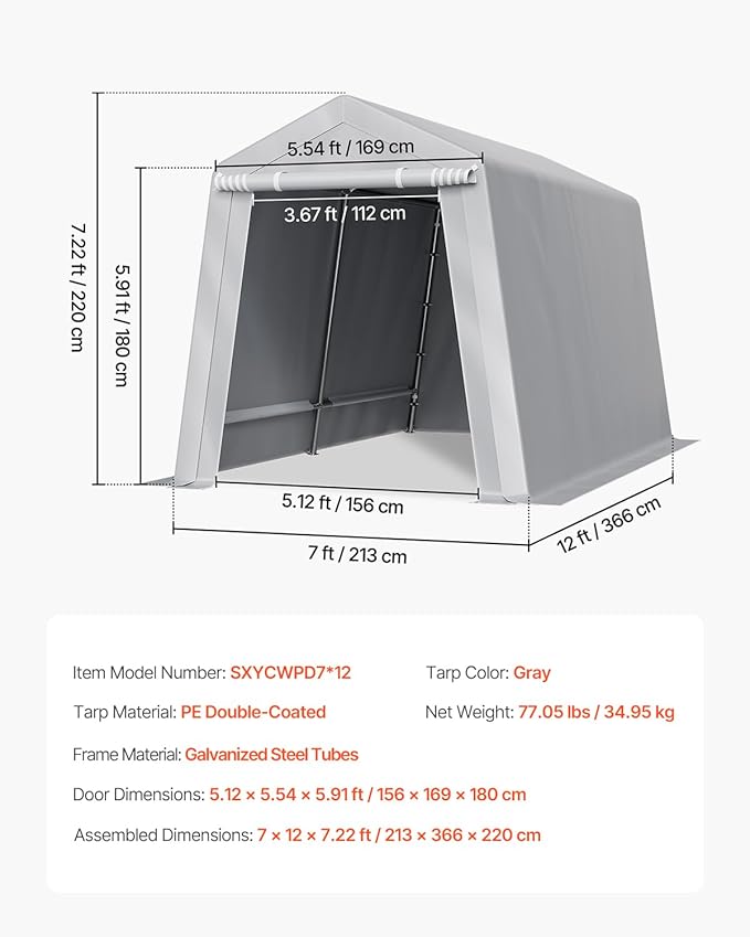 VEVOR Outdoor Storage Shed, 7 x 12 ft Portable Storage Tent with Roll-up Door & Vents, Waterproof Canopy Shed Shelter, Heavy Duty Frame, Patio Garage Carport for Motorcycle, Lawn Mower, Bike, Grey