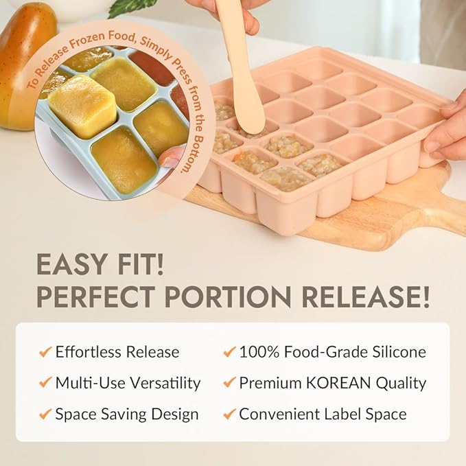 Baby Food Storage Silicone Cubes with Clip-On Lid Freezer Tray Baby Food Soups Purees Ice Easy and Safe Design Made in Korea (20, Ocean Blue)