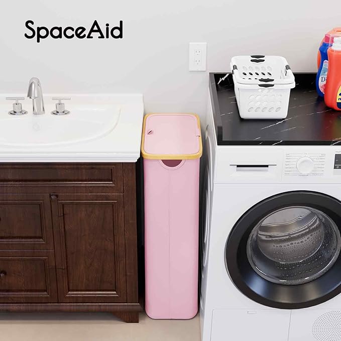 SpaceAid Slim Laundry Hamper with Lid, 65L Narrow Clothes Basket Bin with Bamboo Handles, Skinny Tall Collapsible Hamper for Bedroom, Bathroom, Dorm, Laundry Room - Pink