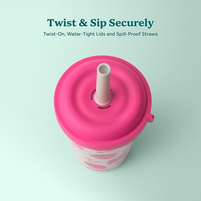 REDUCE GoGo's Kids Portable Tumbler Cups with Lids and Spill-Proof Straws - 5 Pack of Stackable 12 oz Tumblers with Twist-On Lids - Easy Storage, Dishwasher Safe - Fruity Cutie