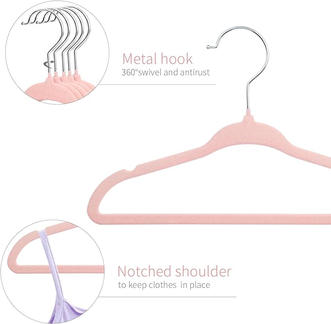 ManGotree Velvet Baby Clothes Hangers, Baby Toddler Kids Hangers with Swivel Hook, Notched Shoulder Design for Kids and Children Clothes (30 Pack, Light Pink)