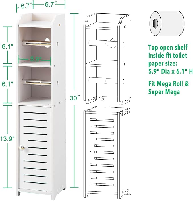 TUOXINEM Small Bathroom Storage with Dual Rods, Over The Toilet, Slim Toilet Paper Storage with 4 Tier Design, Fit Mega Roll (White)