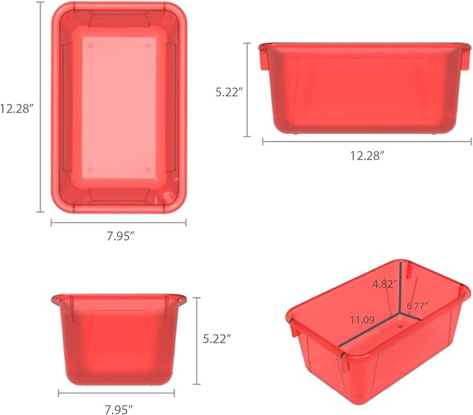 Storex Small Cubby Bins – Plastic Storage Containers for Classroom with Non-Snap Lid, 12.2 x 7.8 x 5.1 inches, Tint Red, 5-Pack (62481A05C)