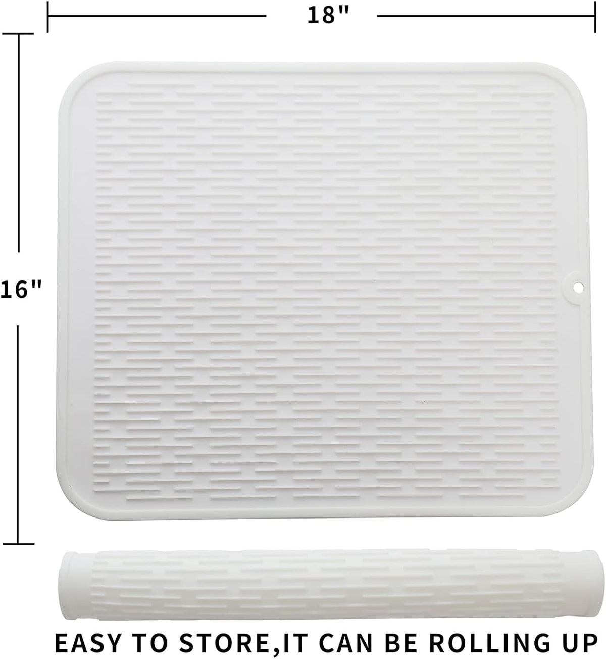 Silicone Dish Drying Mat for Multiple Usage,Easy clean,Eco-friendly,Heat-resistant Silicone Mat for Kitchen Counter or Sink,Refrigerator or Drawer Liner White XL 18 inches x 16 inches