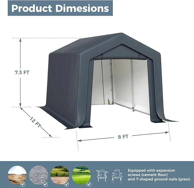 GREEN PARTY Storage Shelter Shed, 8x12 ft Portable Shed Outdoor Carport with Roll-up Zipper Door & Vents, Outdoor Storage Shed Portable Garage for Motorcycle, Bike, Waterproof & UV Protected, Gray