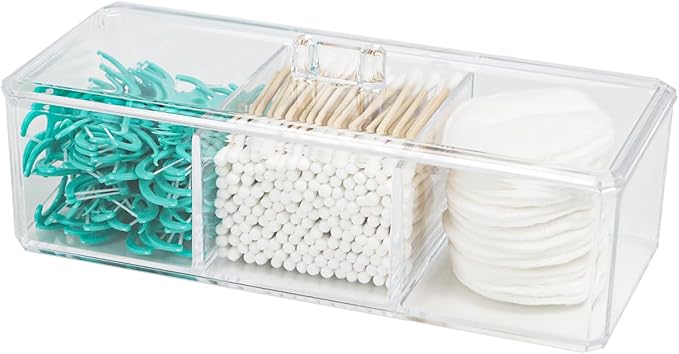 Clear Bathroom Dresser Organizer - Cotton Ball Swab Holder with 3 Divided Compartments&Lid, , Waterproof Transparent Small Plastic Storage Containers, Vanity Makeup Organization