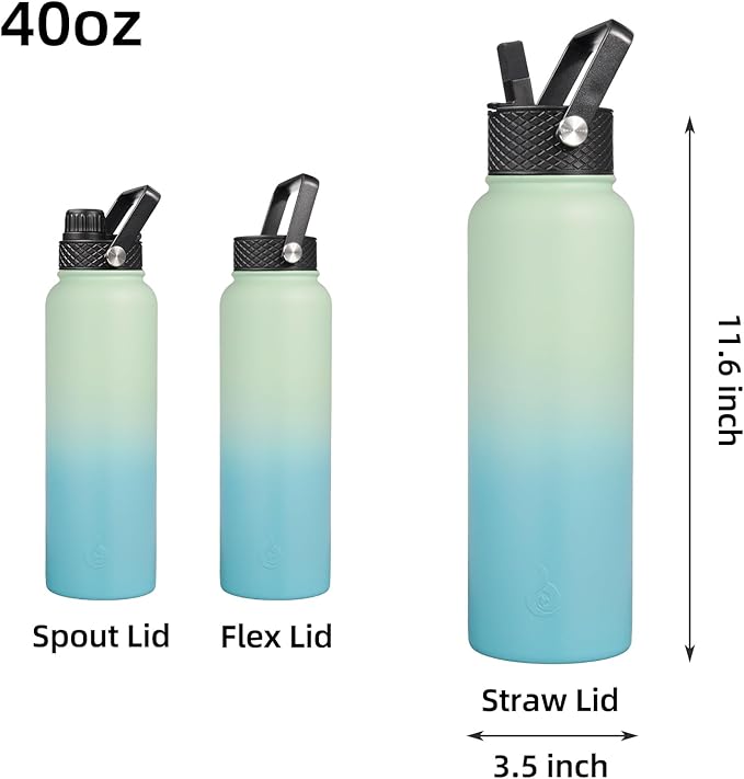BJPKPK Insulated Water Bottles with Straw Lid, 40oz Stainless Steel Metal Water Bottle with 3 Lids, Reusable Thermo, Keep Cold Hot for Sports, Gym-Mint