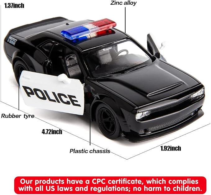 BDTCTK 1/36 Scale Challenger Police Car Model, Zinc Alloy Die-Cast Pull Back Vehicles Kid Toys for Boy Girl Gift (Black)
