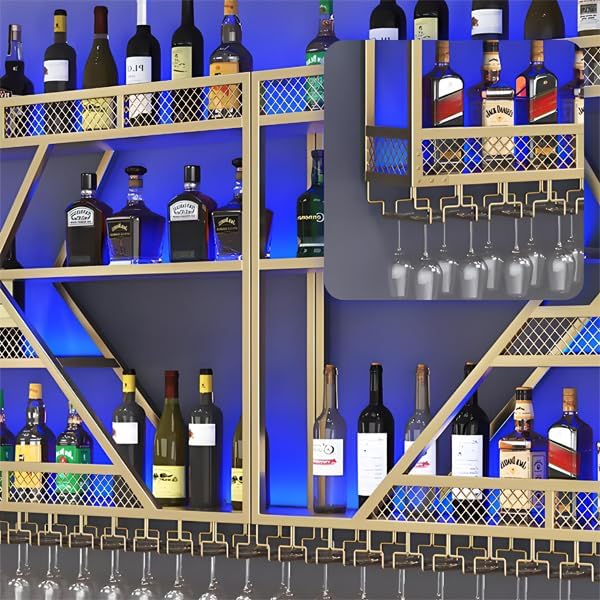 63in Metal Wine Rack Wall Mounted, Modern Wine Storage Rack Wall Mounted with Wine Glass Holder, Liquor Shelf, Bar Shelves for Liquor Bottles (4 Tiers Black, 63 * 7.87 * 48.5INCH)