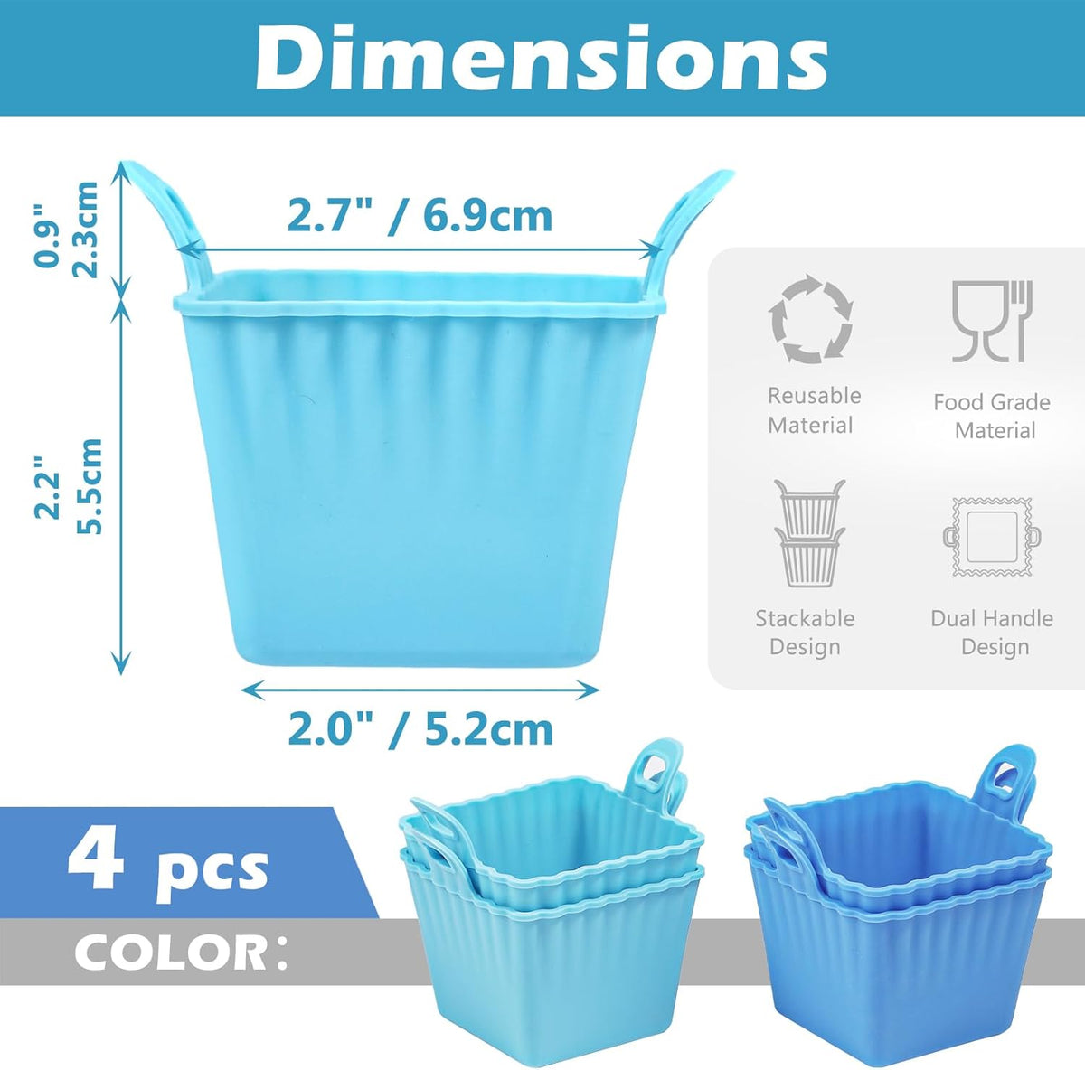 Koluti Reusable Silicone Baking Cups Set of 4, Nonstick Muffin Cupcakes Mold with Double Handle, BPA Free, Small Square Air Fryer Cupcake Liners, 2 Color