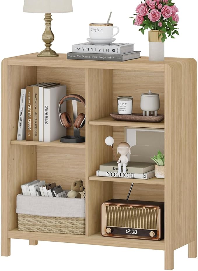 FATORRI 5 Cube Bookshelf, Wood Bookcase with 3 Adjustable Shelves, Modern Cube Storage Organizer Shelf for Home Office (Light Walnut)