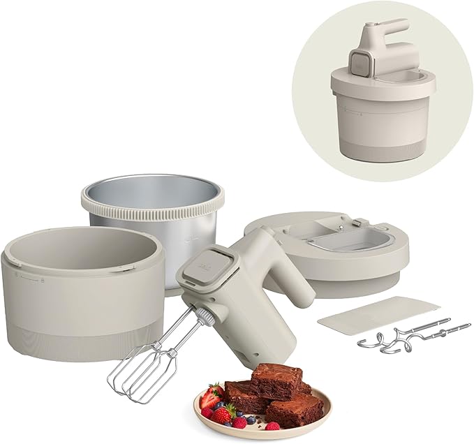 bella 3.5 Qt Hand & Stand Mixer, 2 in 1 Electric Mixer with Bowl, Dough Hook, Whisk & Egg Beater, Multifunctional Handheld Mixer for Baking, 200 Watt, Oatmilk