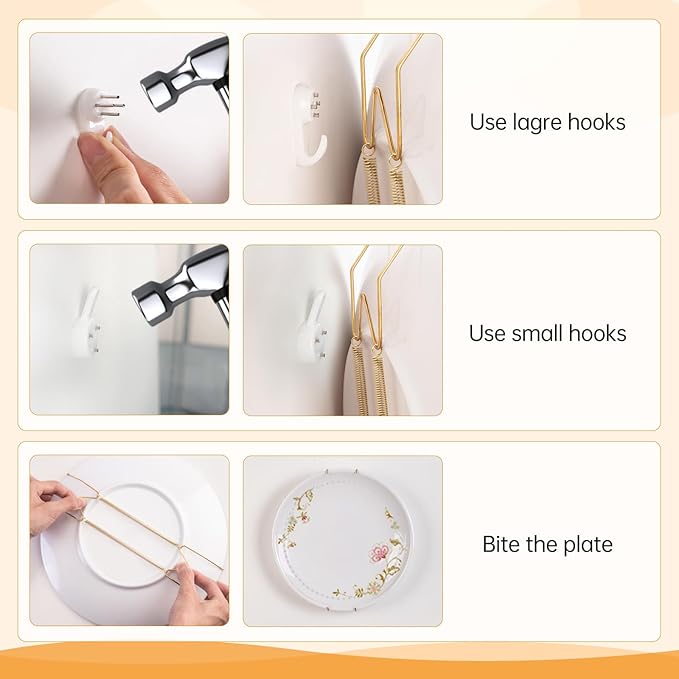Bilillo 20 Pieces Stainless Steel Spring Plate Hangers for The Wall, 4/6/8/10 Inch Invisible Wire Holders with 20 Pcs Wall Hooks, Fit 4-11 Inch Decorative Plates, Platters & Dishes (Gold)