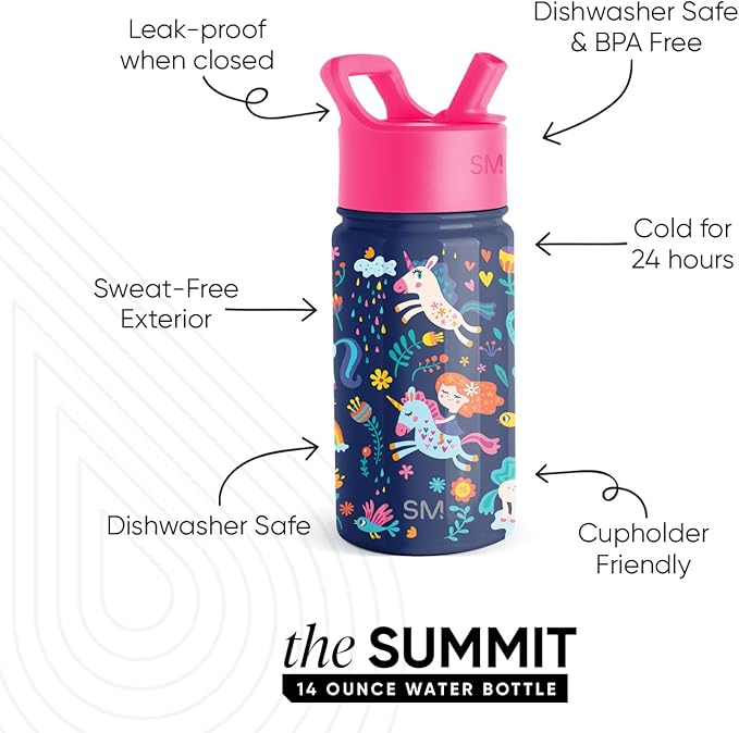 Simple Modern Kids Summit Water Bottle with Straw Lid | 14oz Stainless Steel Cup Insulated Tumbler Tumbler for Girls, School | Unicorn Rainbows