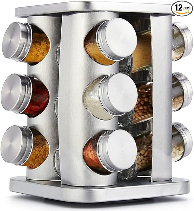 Rotating Spice Rack Organizer with 12 Jars - Revolving Standing Seasoning Tower with 12 Glass Bottles for Countertop Kitchen Cabinet, Stainless Steel, Silver