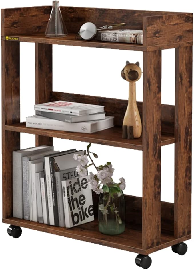 ALISENED 3 Tier Nightstand with Wheels, Wood Small Bookshelf and Bookcase, Farmhouse Bedside End Table with Storage Rack for Bedroom, Library, Living Room, Home, Office Cart, Rustic