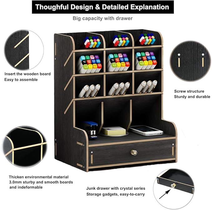 Marbrasse Wooden Desk Organizer, Multi-Functional DIY Pen Holder, Organizer for desk, Desktop Stationary, Easy Assembly, Home Office Art Supplies Storage with Drawer (B11-Black)