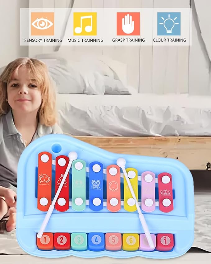 2 in 1 Piano Xylophone for Toddlers ,8 Multicolored Cause and Effect Toys Baby Xylophone,Musical Instrument Toy Piano for Toddlers (Blue)