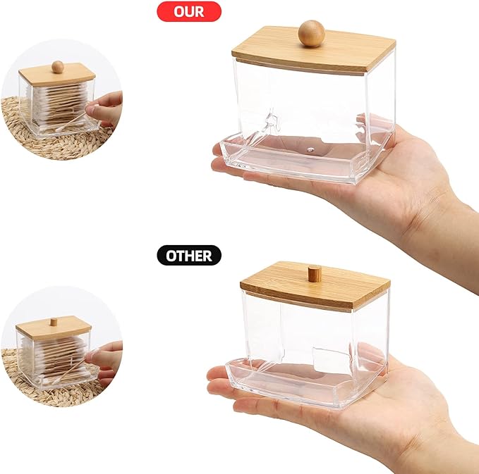 Tbestmax 10oz Qtip Holder Dispenser with Bamboo Lids, Big Clear Bathroom Organizer Accessories Decor for Storage-Qtips Cotton Ball Holder Apothecary Jars, Cotton Swabs, Floss Container
