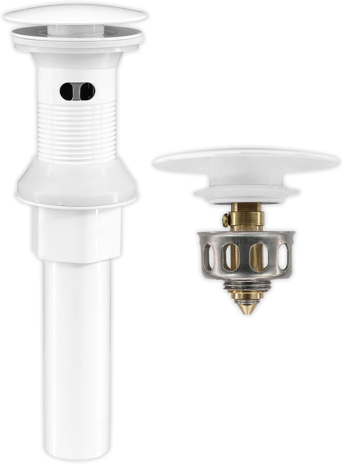 Bathroom Sink Drain,Drain Stopper Bathroom Sink with Overflow,Pop Up Drain Assembly with Detachable Strainer Basket,Built-in Anti-Clogging, Stainless Steel Nut White