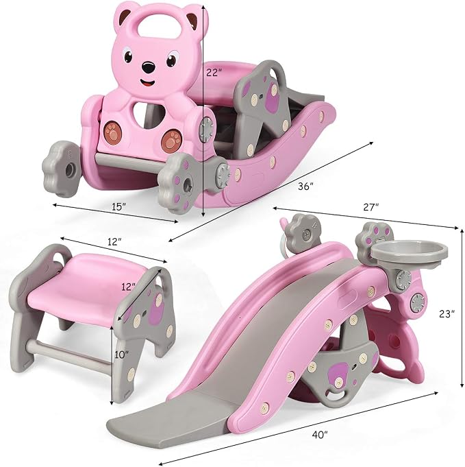 Costzon 5 in 1 Toddler Slide Rocking Toy, Slide for Kids with Detachable Stool, Basketball Hoop and Ring Game, Foldable Climber Playground Slide for Both Indoors Outdoor Use (Pink Bear)