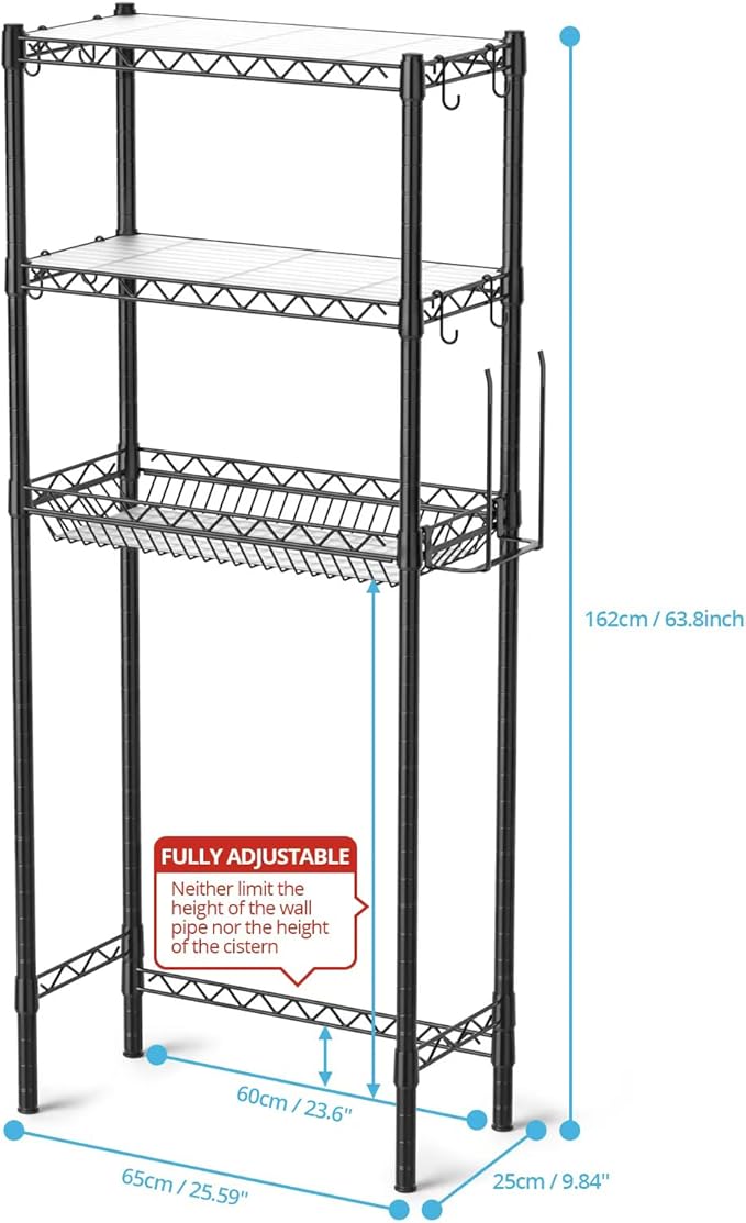 Over The Toilet Storage Shelf, Adjustable Bathroom Organizer with Toilet Paper Holder & 8 Hooks, 3 Tier Sturdy Metal Space Saver for Bathroom/Kitchen, Easy Assembly Above Toilet Shelf, Black