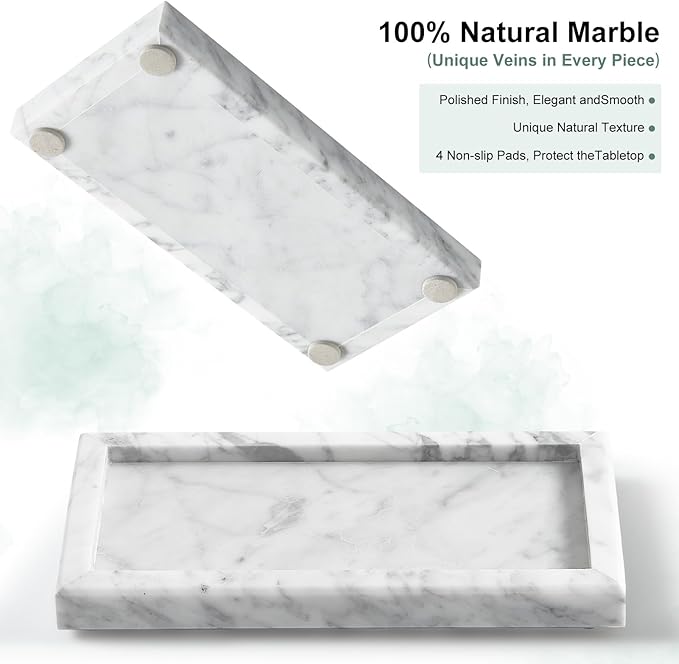 Natural Small Marble Vanity Tray, Luxury Stone Organizer for Bathroom & Kitchen | Holds Soap Dispenser, Jewelry, Perfume | Non-Resin, Non-Ceramic Décor