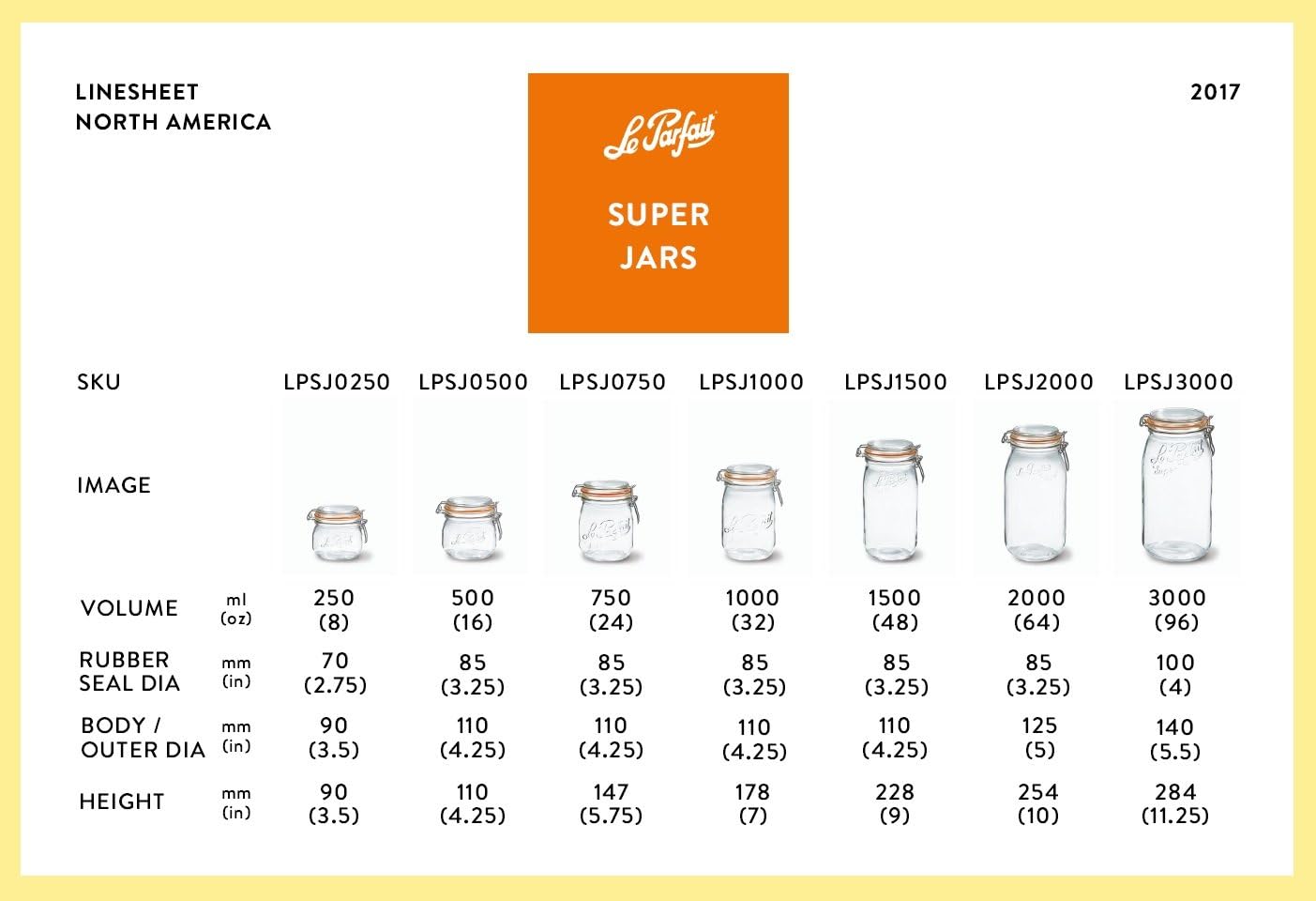 Le Parfait Super Jar - 3L French Glass Canning Jars, Wide Mouth, Airtight Lid (96oz/3 Quarts, 3 pk CP)