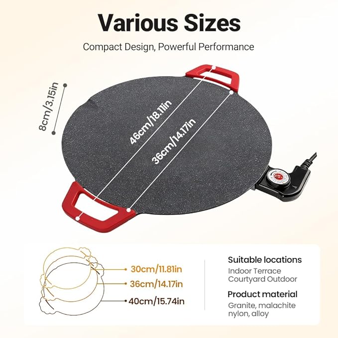 Non-Stick Electric Indoor Grill Pan, 2026 Upgraded Indoor Grills Electric Smokeless, Large Round Electric Griddle, Portable Electric KoreanBbq Grills, for Steaks, Pancakes, BBQ (16 inch)