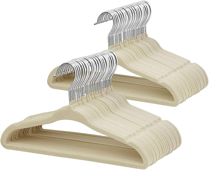 ManGotree 11" Baby Velvet Hangers, Non-Slip Infant Coat Hangers, Ultra-Thin Toddler Felt Hanger with 360° Swivel Hook, Space Saving Children's Hanger for Kids Clothes, 48 Pack (Beige)