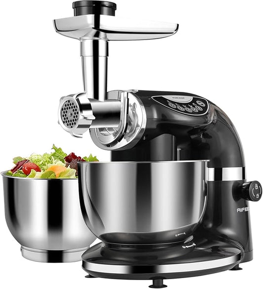 Aifeel Stand Mixer, 8.5QT+ 6QT Two Stainless Steel Bowls Electric Food Mixer, 7 in 1 Multifunctional Kitchen Mixer with Dough Hook, Whisk, Beater, Meat Grinder,Pasta & Cookie Maker-Black