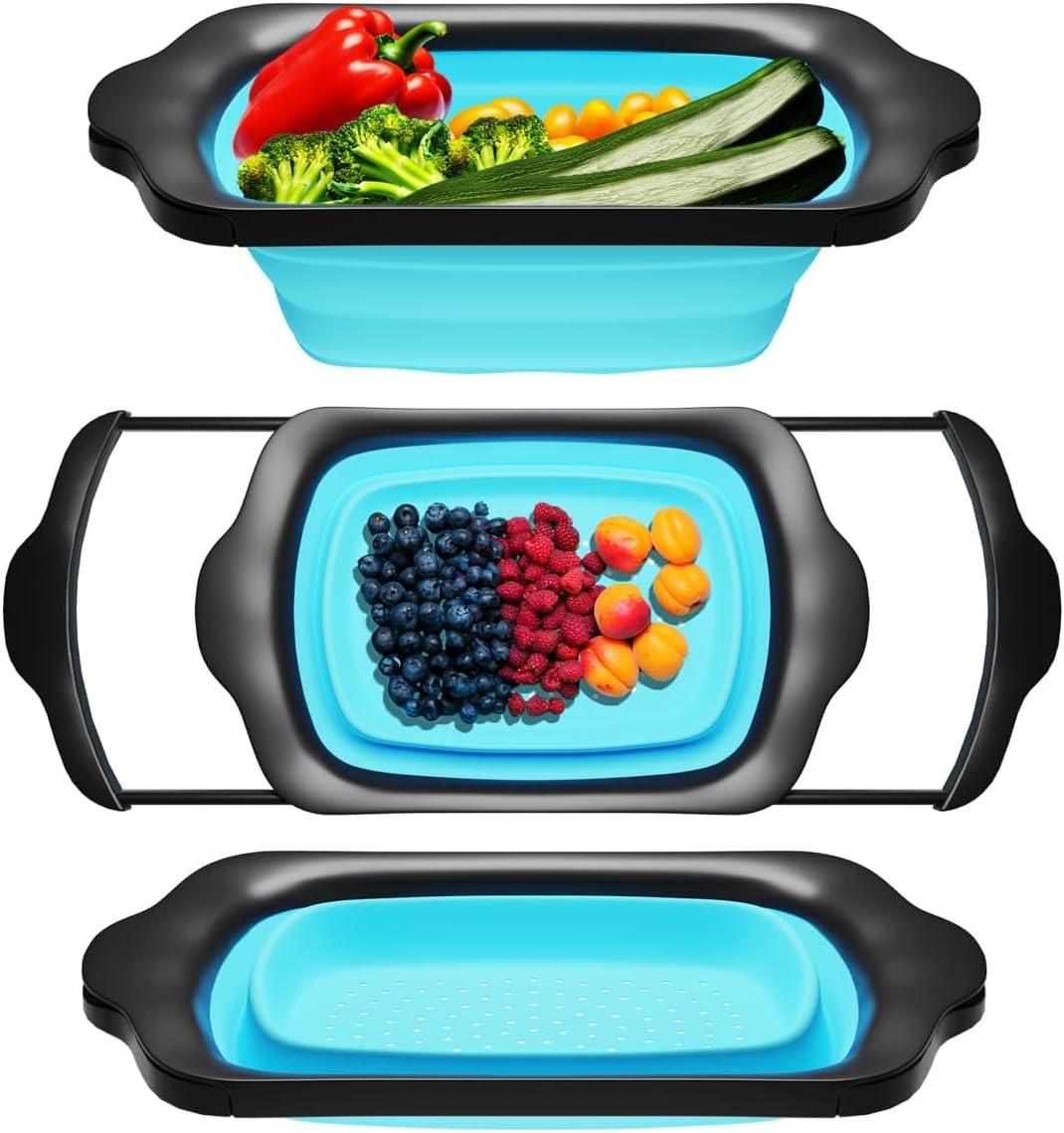XL Large Kitchen Strainer by Comfify - Collapsible Silicone Over - The-Sink Colander with Extendable Handles - Use with Pasta, Fruit, Berries & Veggie - 6 Quart - Blue