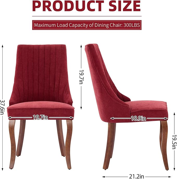 Linen Dining Chairs Set of 6，Fabric Channel Tufted Kitchen Chairs, Upholstered Accent Chairs with Curved Solid Wood Legs, Comfortable Dining Chair for Dining Room, (Burgundy, 6pc)
