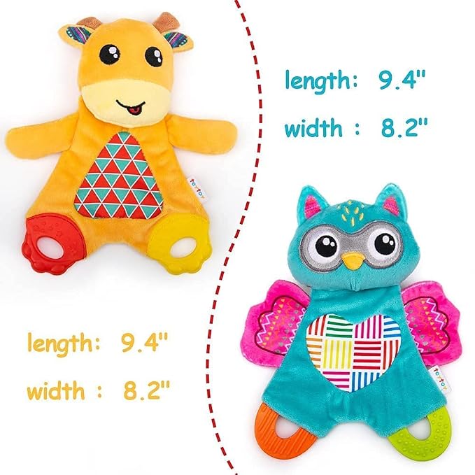 teytoy 2 Pcs Crinkle Toys for Baby with Teether, Baby Teething Sensory Toys Newborn Bib Saliva Soother Towel, Soft Snuggle Sleeping Security Blanket for Unisex Babies 0-36 Months Gifts(Owl and Deer)