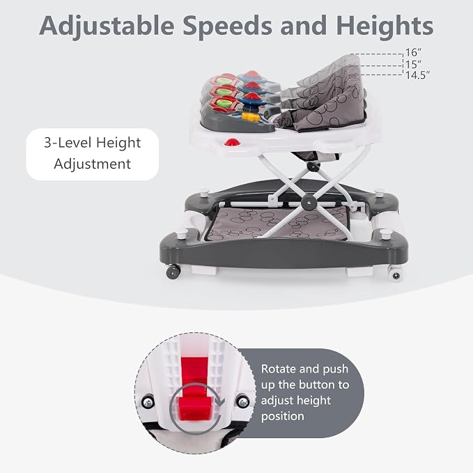 INFANS Baby Walker, 5 in 1 Behind Walker Learning Seated Rocker Bouncer with Removable Music Tray, Adjustable Height, Washable Seat Cushion, Foldable Activity Center for Toddlers (Grey)