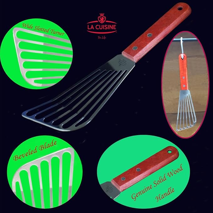 La Cuisine Fish Slotted Spatula Turner with Beveled Edged Stainless Steel, For Flipping Fish Egg Pancake Patties Fries. Blade 6.5", Size 11"