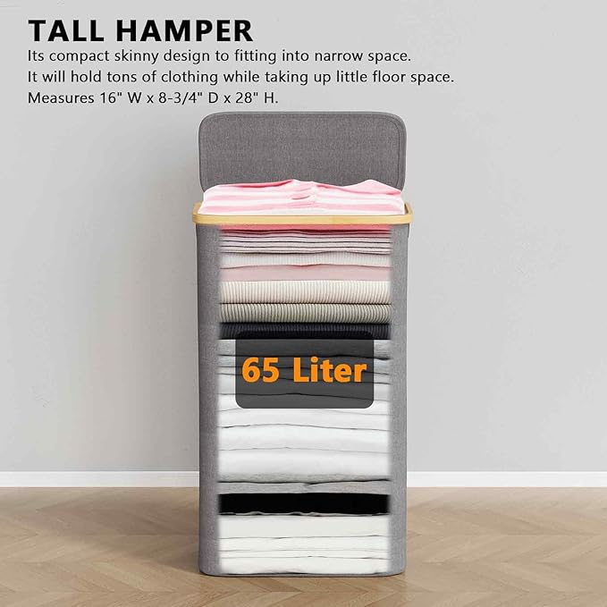 SpaceAid Slim Laundry Hamper with Lid, 65L Narrow Clothes Basket Bin with Bamboo Handles, Skinny Tall Collapsible Hamper for Bedroom, Bathroom, Dorm, Laundry Room - Grey