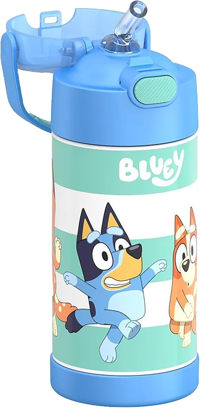 THERMOS FUNTAINER Water Bottle with Straw - 12 Ounce - Kids Stainless Steel Vacuum Insulated Water Bottle with Lid, Bluey