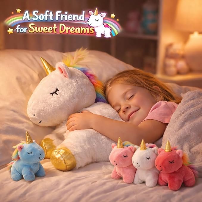 KMUYSL Toys for Girls Ages 0 1 2 3 4 5 6 7 8+ Years - Unicorn Mommy Stuffed Animal with 4 Baby Unicorns in Her Tummy, Soft Unicorn Plush Toys Set, Christmas Birthday Gifts for Baby, Toddler, Kids