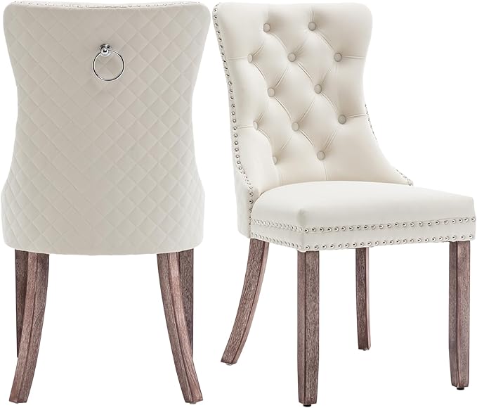Velvet Dining Chairs Set of 2, Upholstered Dining Room Chairs with Nailhead Trim, Sillas de Comedor Modernas 2, Wooden Kitchen Chairs for Dining Room, Living Room, Kitchen, Bedroom, Beige