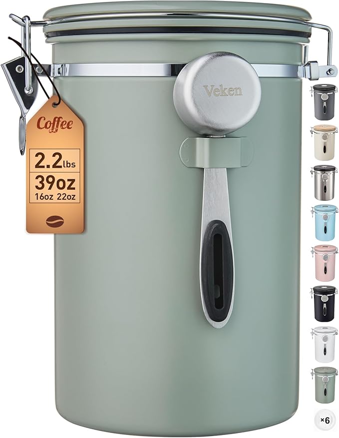 Veken Coffee Canister, 39OZ Large, Airtight Stainless Steel Food Storage Container for 2.2lbs Coffee Beans, Ground, Sugar, Tea, Flour, Cereal, Kitchen Bar Accessories with Date Tracker & Scoop, Green