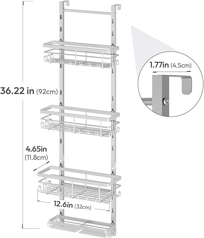 SWTYMIKI Over The Door Shower Caddy - 4 Tier Rustproof Hanging Shower Organizer with Adjustable Shelves, 40 Hooks & Soap Holder, Hanging Shower Rack Storage for Bathroom Accessories, Silver