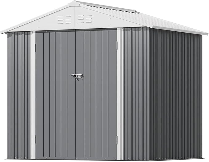 Greesum 8×6FT Outdoor Storage Shed, Metal Patio Storaged Sheds with Lockable Doors, Sheds & Outdoor Storage for Bike, Backyard, Pool and Garden, Gray