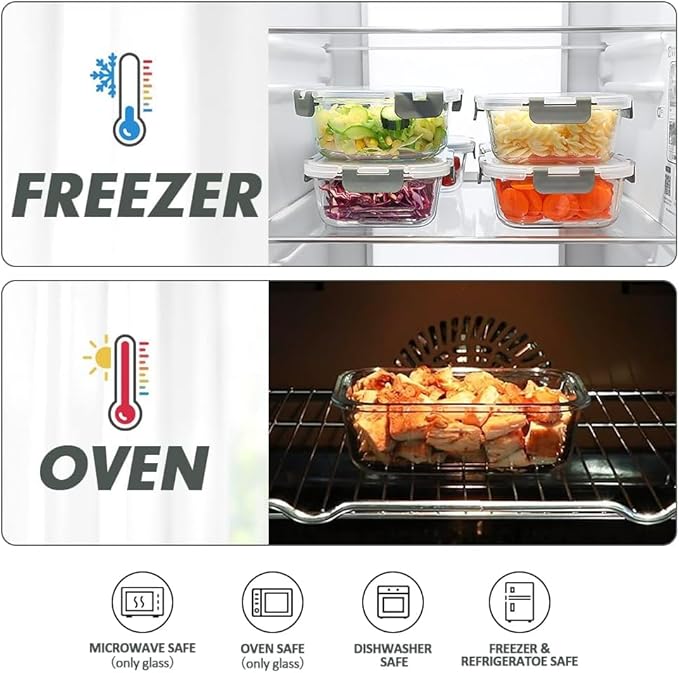 VERONES 12 Packs Glass Food Storage Containers Set, Airtight Glass Lunch Containers, Glass Meal Prep Containers with Lids,Exclusive of BPA, for Microwave, Oven, Freezer & Dishwasher Friendly,Grey